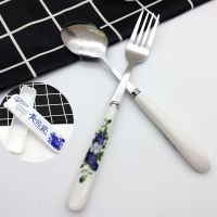 家用青花瓷陶瓷柄不锈钢叉勺筷子套装饭勺调羹叉子搅拌勺咖啡勺|青花瓷叉子+圆勺2件套 配青花瓷收纳盒