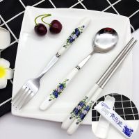 家用青花瓷陶瓷柄不锈钢叉勺筷子套装饭勺调羹叉子搅拌勺咖啡勺|青花瓷筷子+圆勺+叉子3件套 配青花瓷收纳盒