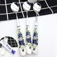家用青花瓷陶瓷柄不锈钢叉勺筷子套装饭勺调羹叉子搅拌勺咖啡勺|青花瓷咖啡勺3支装 不配青花瓷收纳盒