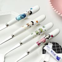 家用青花瓷陶瓷柄不锈钢叉勺筷子套装饭勺调羹叉子搅拌勺咖啡勺|一家人叉子4支装 不配青花瓷收纳盒