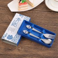 餐具青花瓷筷子勺子餐具2件套礼盒装礼品赠品便捷式K0|青花瓷小笑脸勺叉2件套