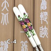 不锈钢陶瓷家用筷子韩式骨瓷防滑烤花高档餐具套装耐高温不发霉|C-4(红玫瑰) 十双