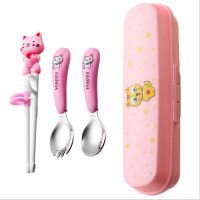 304不锈钢弯头勺叉宝宝训练筷学习筷练习筷儿童筷子勺子套装餐具J5|直头白猫粉色筷勺叉3件套