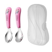 304不锈钢弯头勺叉宝宝训练筷学习筷练习筷儿童筷子勺子套装餐具J5|直头白猫粉色勺叉带透明盒2件套