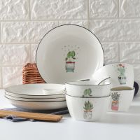卡通日式简约碗碟套装北欧陶瓷碗筷盘子家用微波炉餐具吃饭碗勺子|小清新盆栽 1碗1圆盘1勺1筷(图案随机)