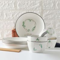卡通日式简约碗碟套装北欧陶瓷碗筷盘子家用微波炉餐具吃饭碗勺子|简约绿叶 1碗1圆盘1勺1筷(图案随机)
