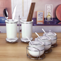 壁挂式陶瓷筷子筒多孔沥水筷子笼厨房筷子盒防霉筷筒餐具收纳盒|陶瓷筷子筒+调味罐三件套组合 都市丽人款