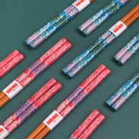[5-10双]新款筷子家用环保防霉印花竹筷日式筷子 家用餐具高档M8|粉绿繁花似锦竹筷 10双装