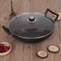 铸铁炒锅大双耳老式生铁锅大炒锅无涂层物理不粘锅燃气电磁炉通用J4|送钢化玻璃盖 36cm平底炒锅[适用所有炉具]