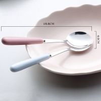 陶瓷柄加厚不锈钢勺子家用韩式糖果色一家四口学生可爱餐具1-4支|糖果粉蓝圆头2支装