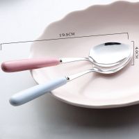 陶瓷柄加厚不锈钢勺子家用韩式糖果色一家四口学生可爱餐具1-4支|糖果粉蓝尖头2支装