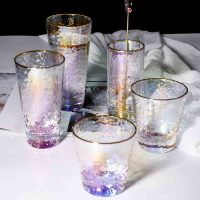 ins彩虹玻璃杯 创意锤纹水杯红茶杯子 描金牛奶冷饮杯办公花茶杯