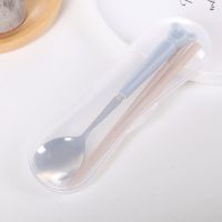 韩式可爱儿童学生筷子勺子套装筷盒陶瓷不锈钢套装便携餐具V2|蓝色陶瓷小熊筷勺套装