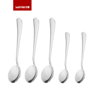 不锈钢调羹汤匙勺子叉子成人儿童宝宝吃饭小勺子西瓜勺子餐具套装Q2|(3支主餐圆勺+2支儿童圆勺)亲子装