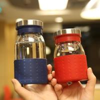 商务玻璃杯便携随身杯水杯带盖茶漏纯色简约男士女士透明茶杯过滤