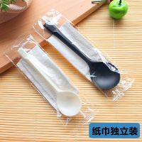 一次性勺子外卖甜品勺汤勺粥勺长柄黑白磨砂加厚小塑料勺包装F7|14厘米[黑色带纸巾装] 100支[磨砂款]