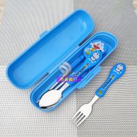 儿童练习筷子套装不锈钢勺子叉子幼儿园训练筷吃饭矫正器学习筷子I0|蓝色叮当猫 练习筷+勺子+叉子+盒子