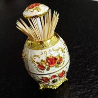 俄罗斯欧式复古牙签盒创意家用客厅高档按压式个性自动金属牙签筒O6|金白红花蛋牙签筒