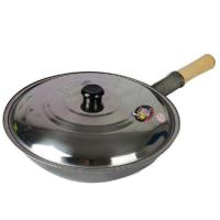 传统老式炒锅圆底熟铁炒锅无涂层加厚家用大马勺锅单柄炒勺炒菜锅E2|木柄加厚炒锅+不锈钢锅盖 36厘米
