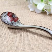 4支装日式釉下彩手绘陶瓷勺子 调羹 大号中号汤勺 彩色饭勺粥勺F4|中号红富贵（4支）