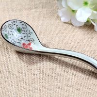 4支装日式釉下彩手绘陶瓷勺子 调羹 大号中号汤勺 彩色饭勺粥勺F4|中号大红花(4支)