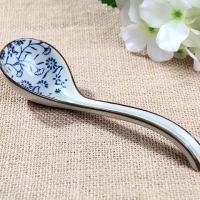 4支装日式釉下彩手绘陶瓷勺子 调羹 大号中号汤勺 彩色饭勺粥勺F4|中号吉祥花(4支)