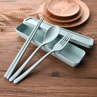 筷子勺子叉泡面碗套装小麦秸秆餐具成人三件套学生儿童便携盒套装|大号[北欧绿]送餐具袋
