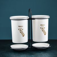 简约陶瓷筷子筒家用筷笼筷子桶筷筒沥水筷子架筷盒厨房餐具收纳盒|长颈鹿铁架双筒