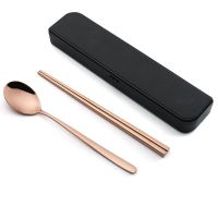 304不锈钢韩式筷子勺子餐具套装学生家用旅行便携式餐具二件套W5|玫金色 304不锈钢韩式勺+全方筷(粉盒)