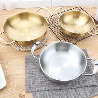 不锈钢海鲜锅金色韩国拉面锅小龙虾干锅盆双耳小炒锅平底锅火锅盆J3|22CM本色