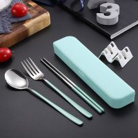 304不锈钢叉筷子勺子家用童韩式便携餐具套装学生三件套可爱创意|绿色[筷+勺+叉]送收纳盒 收纳袋