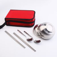 户外餐具碗不锈钢便携野营野餐包便携餐具儿童成人碗筷旅行套装|双人套装 铂金碗(6碗6筷6勺)红色