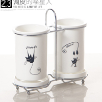 日式陶瓷筷子筒 陶瓷筷子筒陶瓷双筒筷笼子沥水创意筷篓韩式厨房筷子勺子收纳架家用Q3|调皮的喵星人