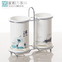 日式陶瓷筷子筒 陶瓷筷子筒陶瓷双筒筷笼子沥水创意筷篓韩式厨房筷子勺子收纳架家用Q3|家和万事兴