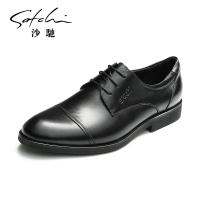沙驰男鞋韩版潮流透气单鞋百搭系带黑色婚鞋真皮商务正装皮鞋子