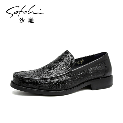 沙驰男鞋新款高档鳄鱼纹时尚潮流便捷套脚鞋商务德比鞋正装皮鞋