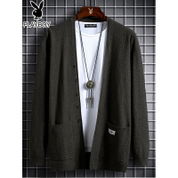 花花公子贴布开衫毛衣男士外套春秋季2021新款针织衫宽松韩版潮流