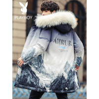 花花公子棉衣男士冬季加厚2021年新款潮牌渐变中长款毛领保暖外套