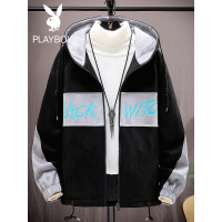 花花公子秋冬季连帽拼接加厚夹克外套男士青少年帅气潮流百搭风衣