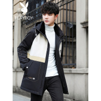 花花公子冬季新款简约连帽休闲外套字母印花男拼色白鸭绒羽绒服男