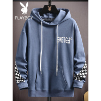 花花公子春秋男装卫衣字母印花格子拼接简约时尚连帽青少年潮牌男