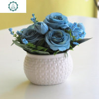 田园花朵清新创意陶瓷花盆仿真绿植盆景餐厅桌面装饰摆件植物盆栽 封后 魅红玫瑰花+圆肚仿真植物