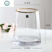 北欧描金金边轻奢透明玻璃花瓶摆件客厅插花水养鲜花百合桌面直筒 封后 280锥桶描金-暗夜绿 中等