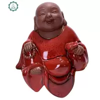 中式红色禅意陶瓷手工艺品 弥勒笑佛佛像 客厅博古架装饰摆设 封后 自在弥勒笑佛摆件