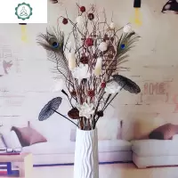干花落地花客厅电视柜艺术假花装饰花手工叶脉荷花干树枝插花摆件 封后 树枝羽毛荷花套装带陶瓷瓶1 干树枝