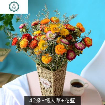 网红干花花束七彩菊麦秆菊小雏菊干花真花小清新装饰摆件家居摆设 封后 42朵+情人草+铁桶 干树枝