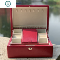 首饰盒真皮带锁木质欧式饰品盒珠宝收纳盒公主韩国女生 封后 真皮石榴红十层24x19.6x35.5饰品盒