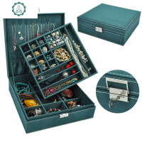 绒布首饰盒带锁多功能耳环项链耳钉简约多层超大容量手饰品收纳盒 封后 浅兰饰品盒