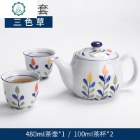 茶具日式餐厅家用陶瓷茶具单壶过滤花茶壶耐热泡茶壶青花瓷茶壶 封后 1壶2杯+8.5英寸陶瓷托盘三色草