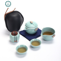 汝窑快客杯一壶两杯公道杯茶叶罐简约收纳便携旅行包功夫茶具套装 封后 粉青吉